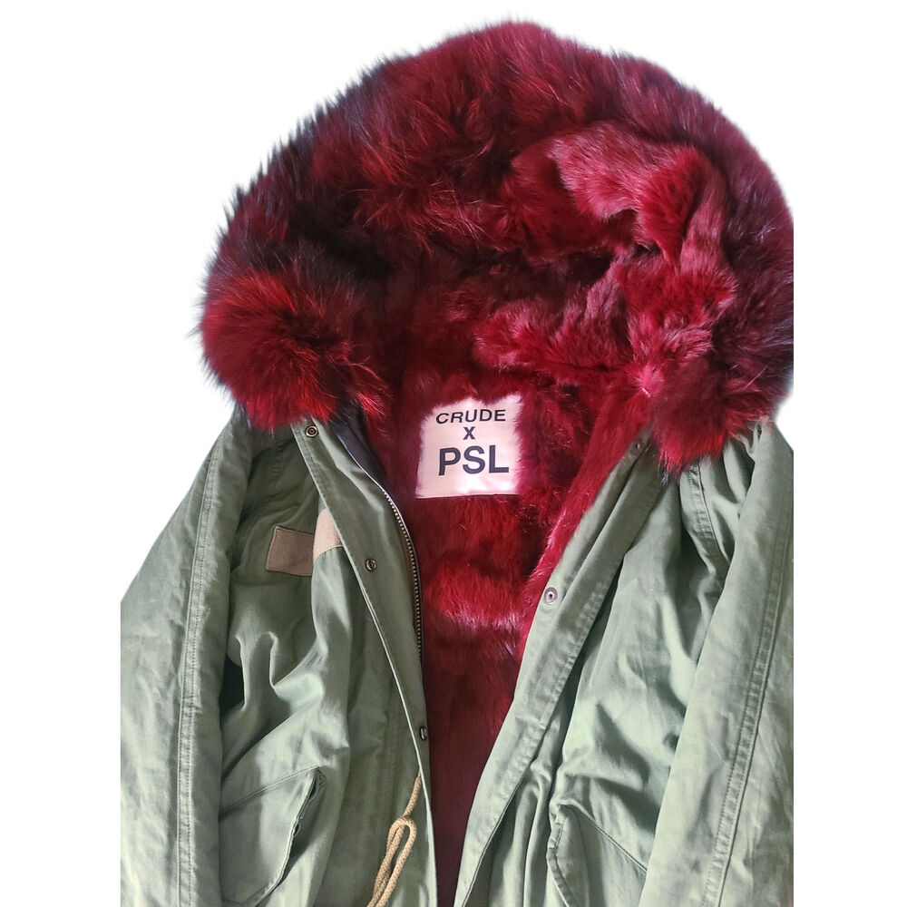Crude x PSL Green Parka Jacket Red Rabbit Fur Size Small - Picture 2 of 7